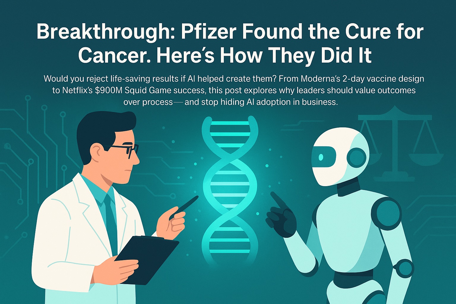 Flat illustration of a scientist and AI analyzing a glowing DNA strand, symbolizing AI-assisted breakthroughs, leadership decisions, and the debate between process and outcome.